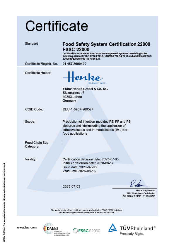 Zertifikat FSSC 22000 Packaging